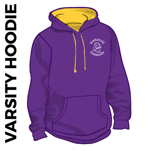 Kirkstall Harriers purple and gold varsity hooded top front with embroidered badge on left chest