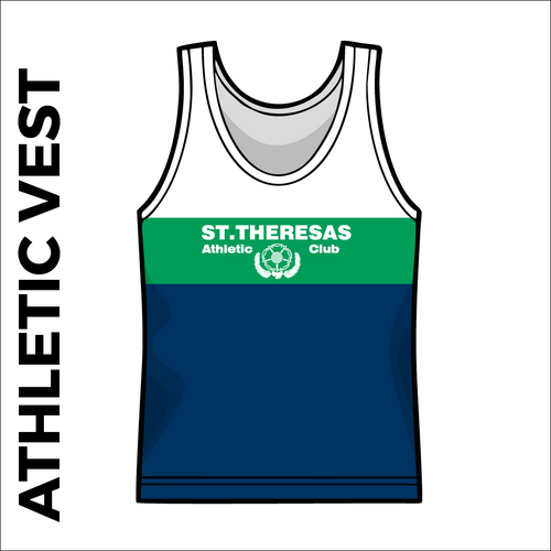 St, Theresas navy, green and white athletics vest, front image