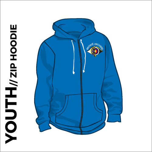 Bronte Archers Zipped Hooded top. Royal cotton blend fabric for comfort with ribbed hem and cuffs. Embroidered club badge left chest 