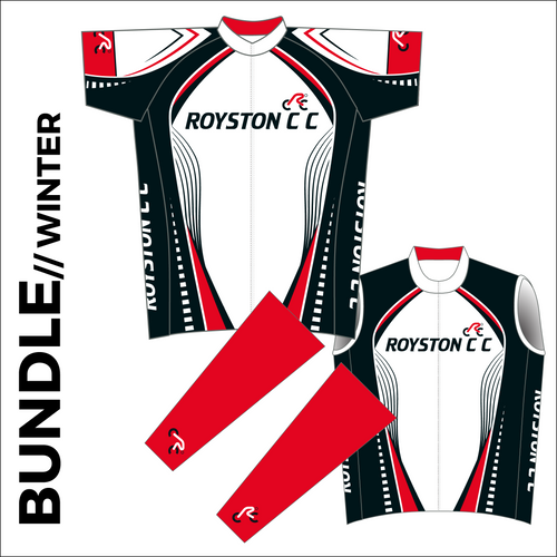 Winter club bundle kit. Full kit including cycle jersey, Roubaix cycle arm warmers and winter fleeced cycle gilet in the custom club design. 