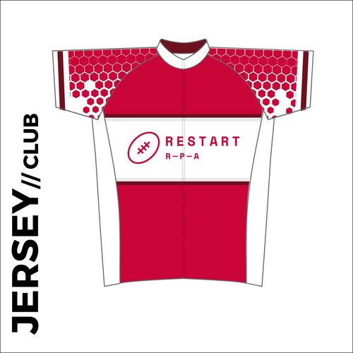 Short sleeve custom cycle jersey club design in full sublimation print. Front picture showing full length hidden SBS zip, high collar for comfort fit and silicon gripper at hem.