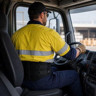 Truck driver wearing the Elite Pro Back Support Brace inside a truck