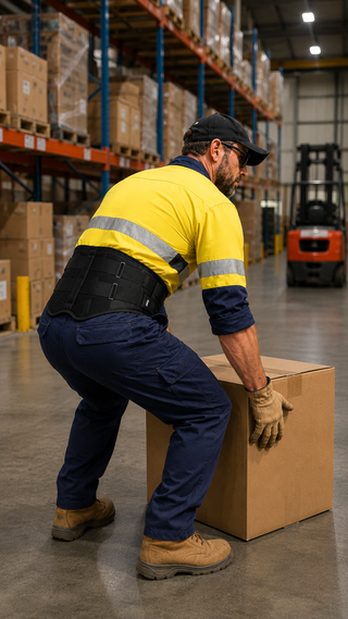 Factory worker wearing the Elite Pro Back Support Brace while picking up a box