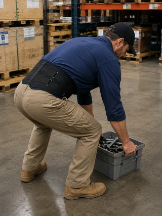Warehouse worker wearing the Elite Pro Back Support Brace while
lifting and carrying