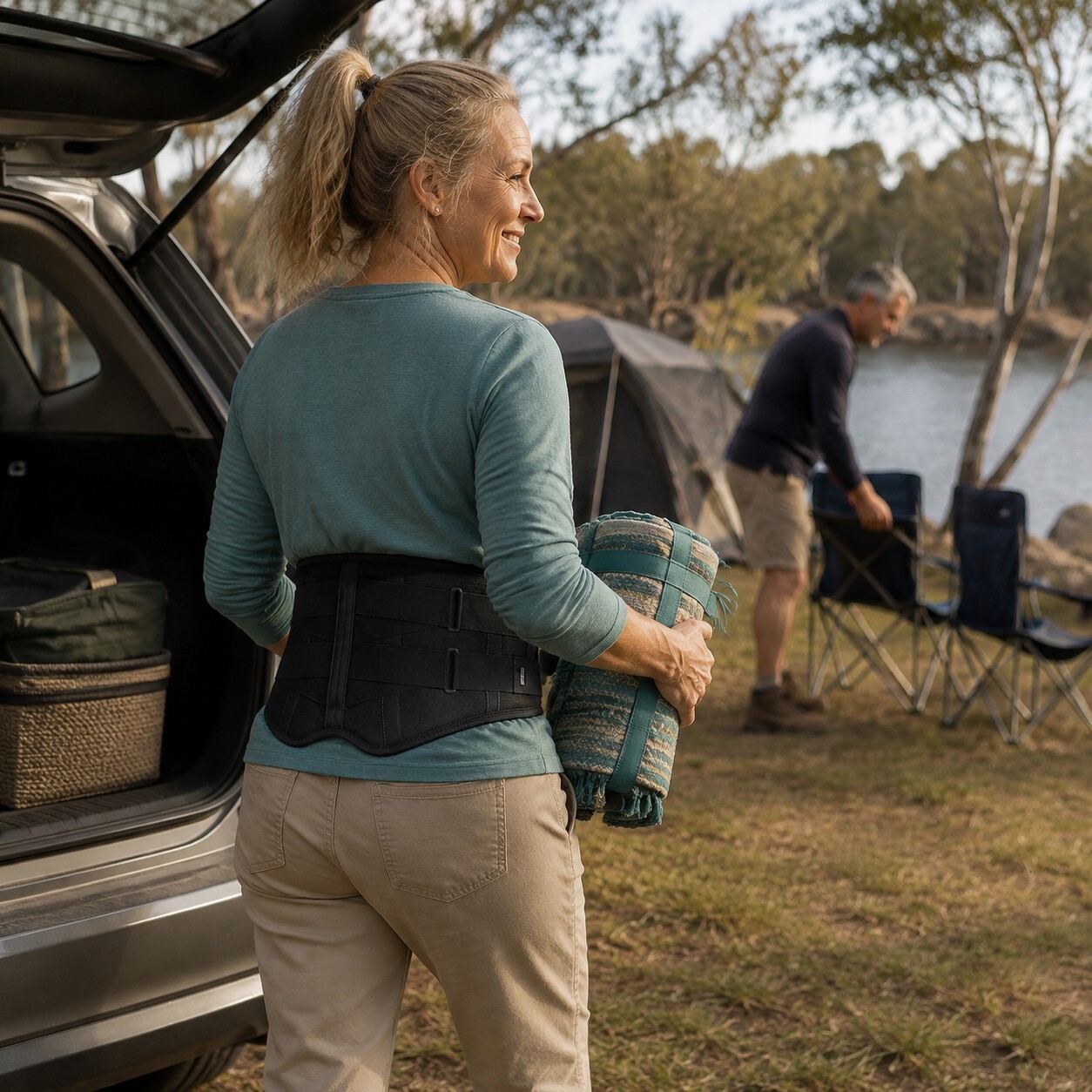 Active couple setting up a weekend campsite while wearing the Elite Pro Back Support Brace