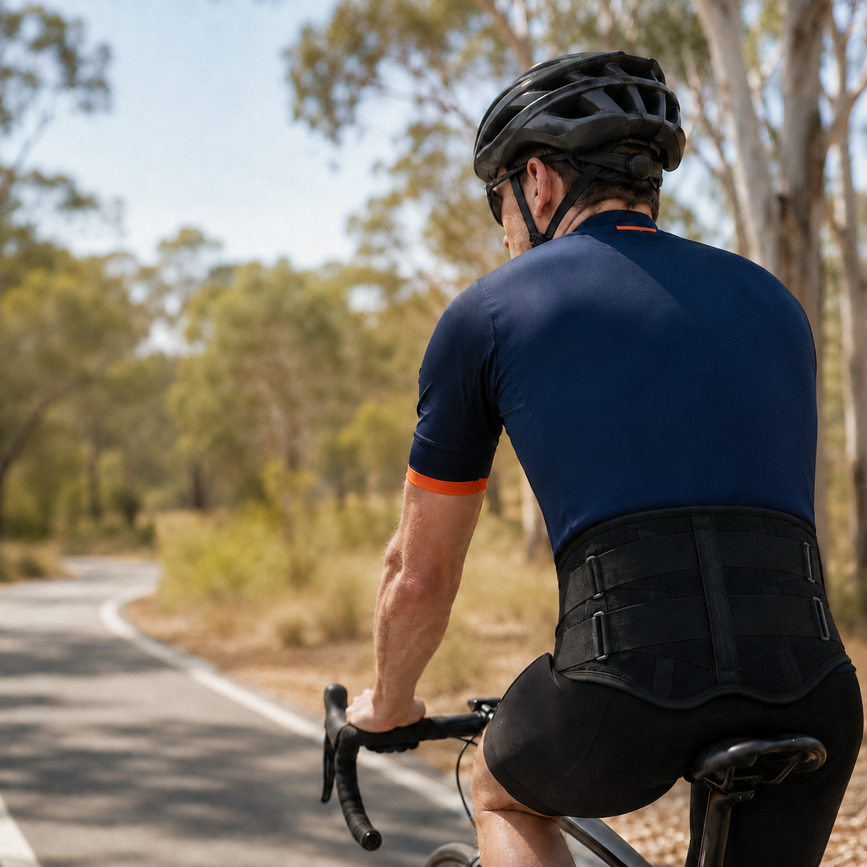 Cyclist wearing the Elite Pro Back Support Brace