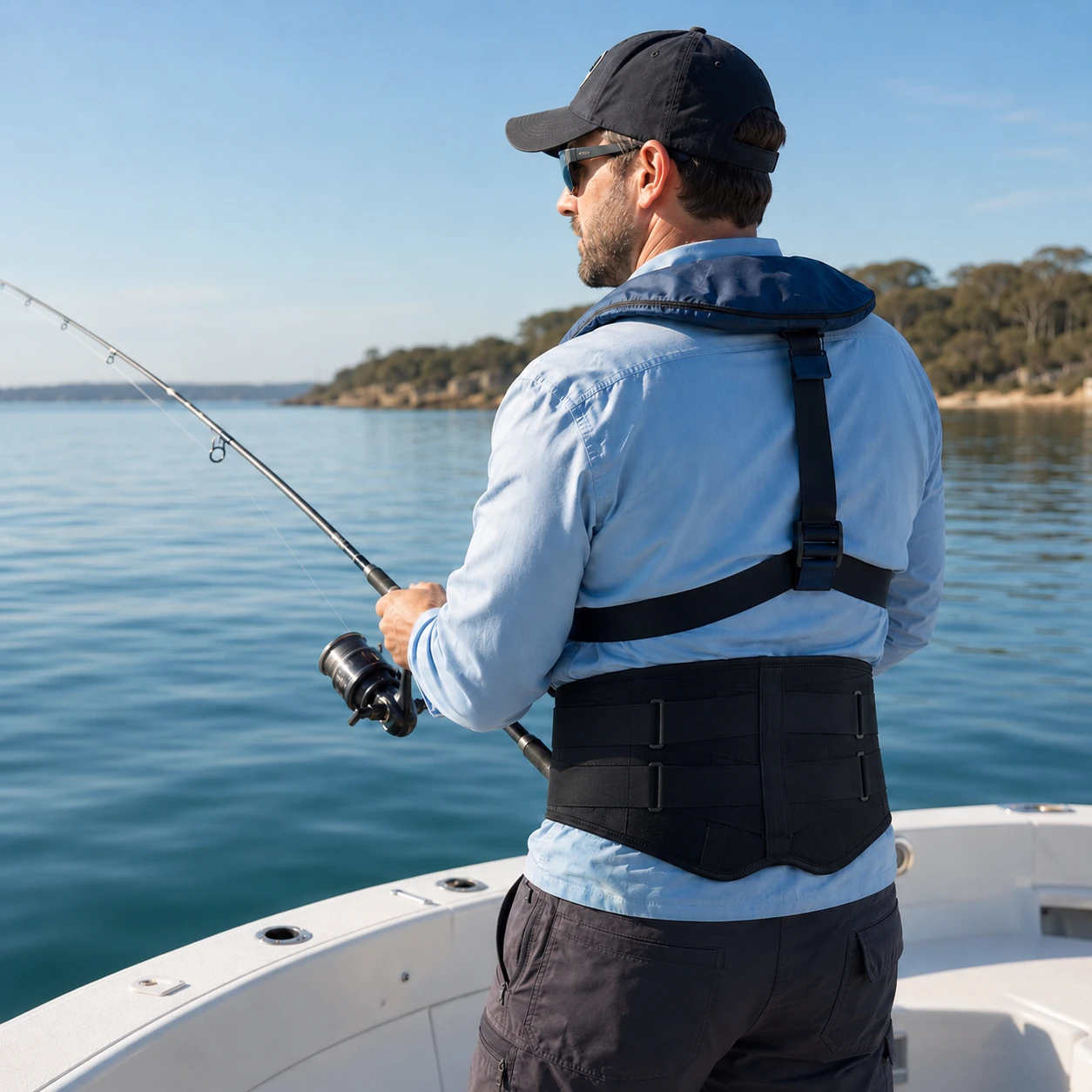Fisherman on a boat wearing the Elite Pro Back Support Brace