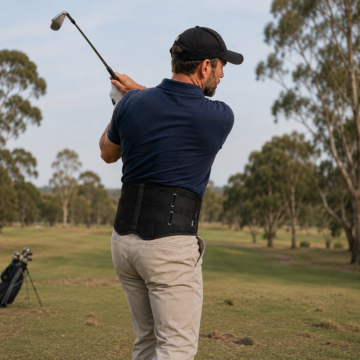 Golfer swinging while wearing the Elite Pro Back Support Brace