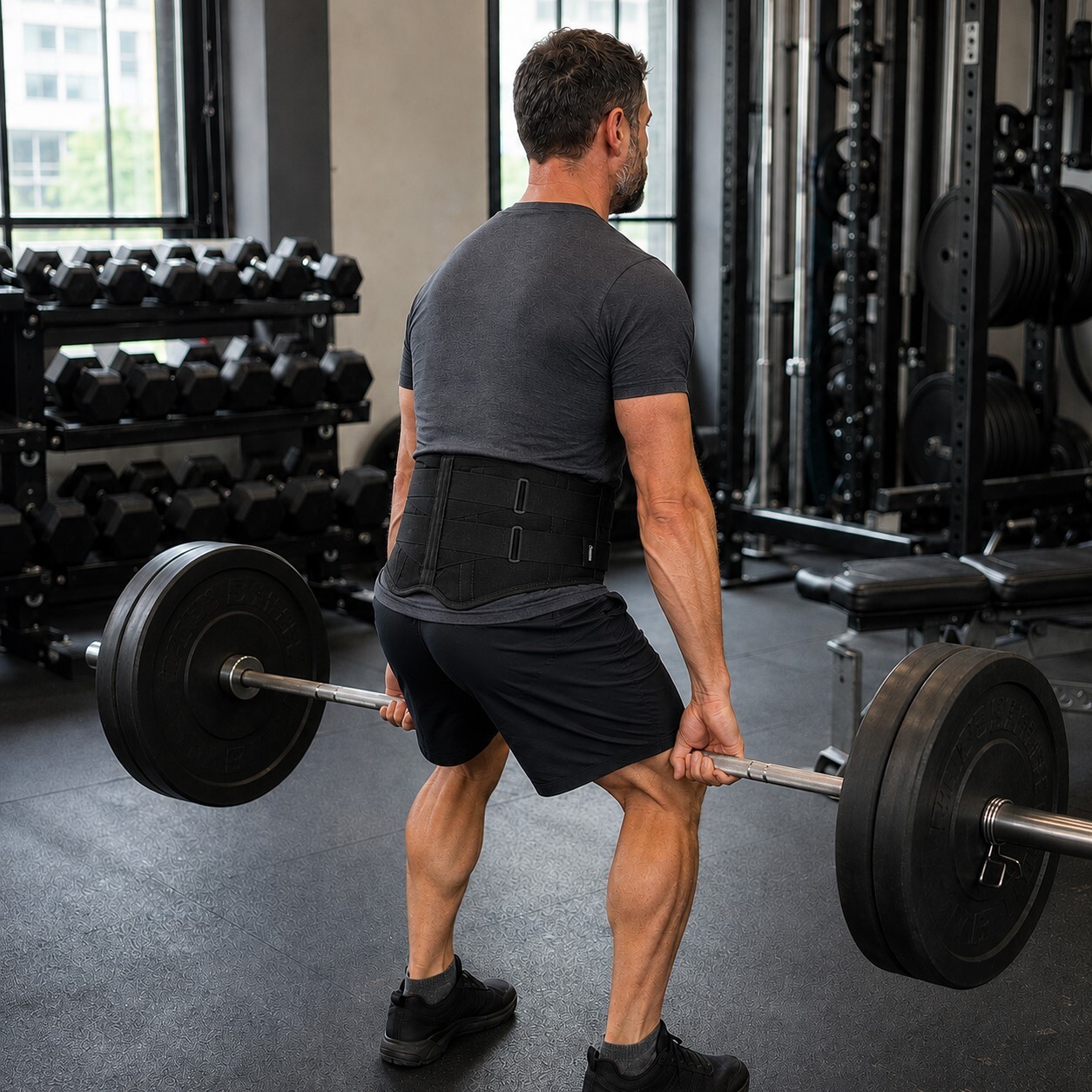 Gym member deadlifting a barbell while wearing the Elite Pro Back Support Brace