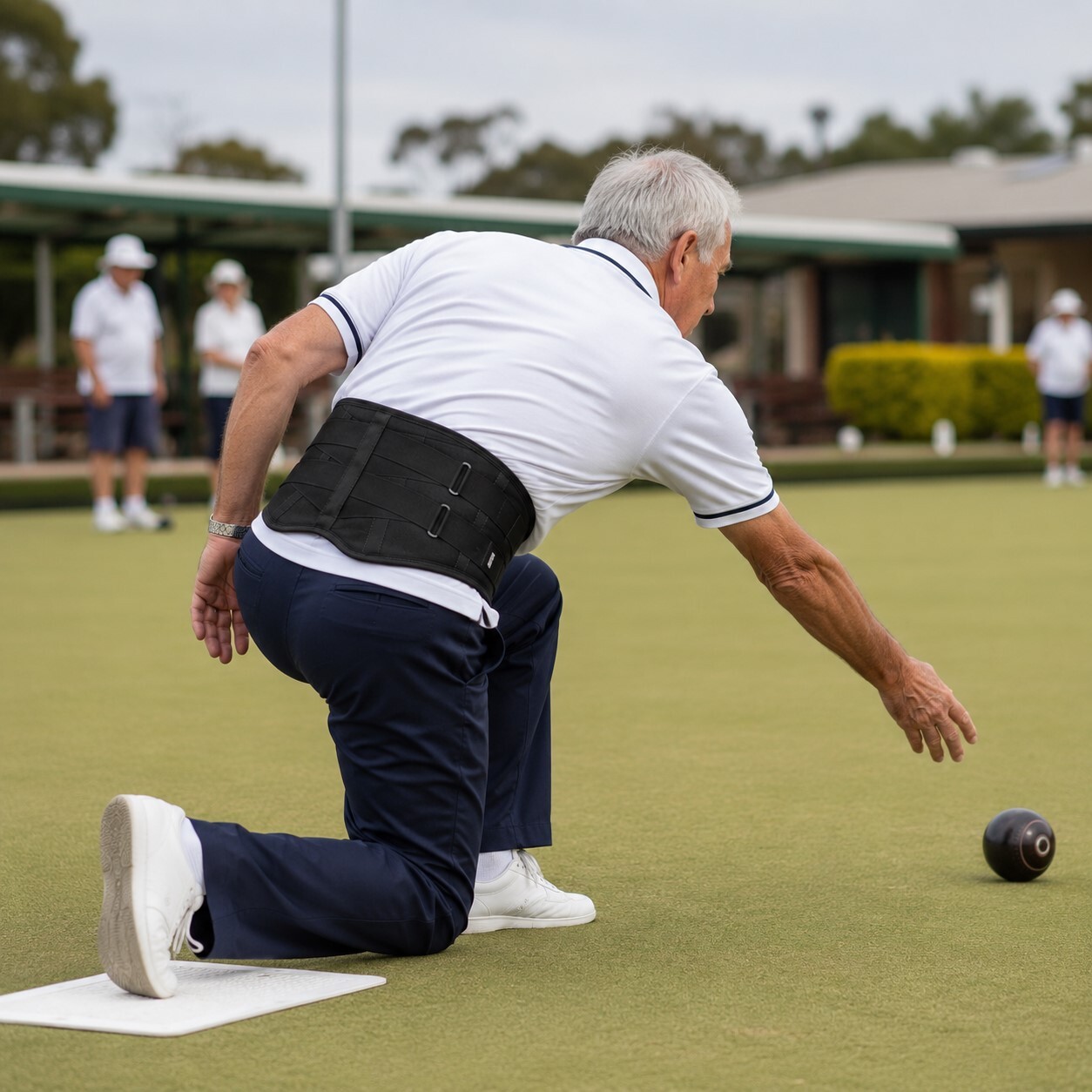 Older man playing lawn bowls while wearing the Elite Pro Back Support Brace