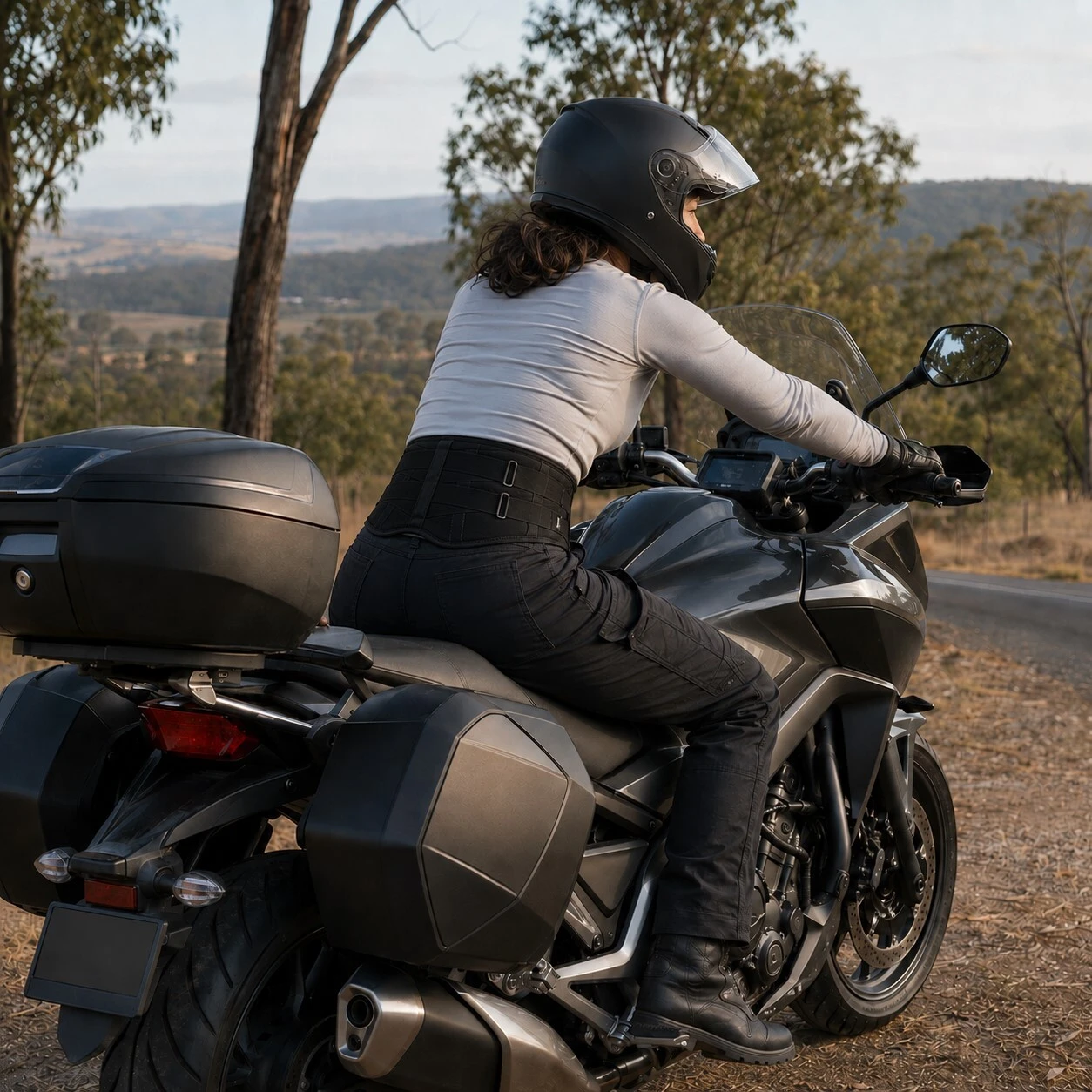 Woman leaning forward on a touring motorcycle while wearing the Elite Pro Back Support Brace