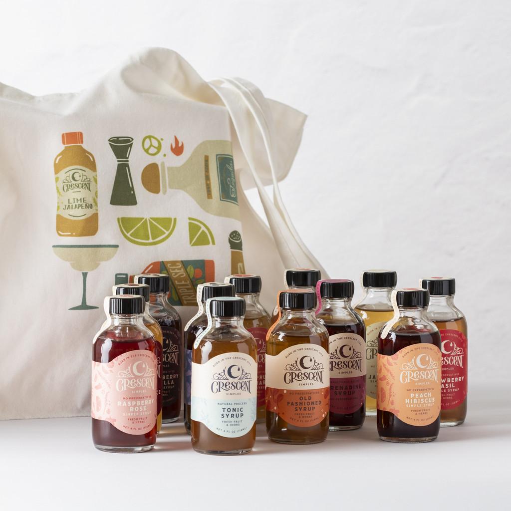 Every flavor of Crescent Simples syrup and a branded Lime Jalapeno Margarita tote bag.