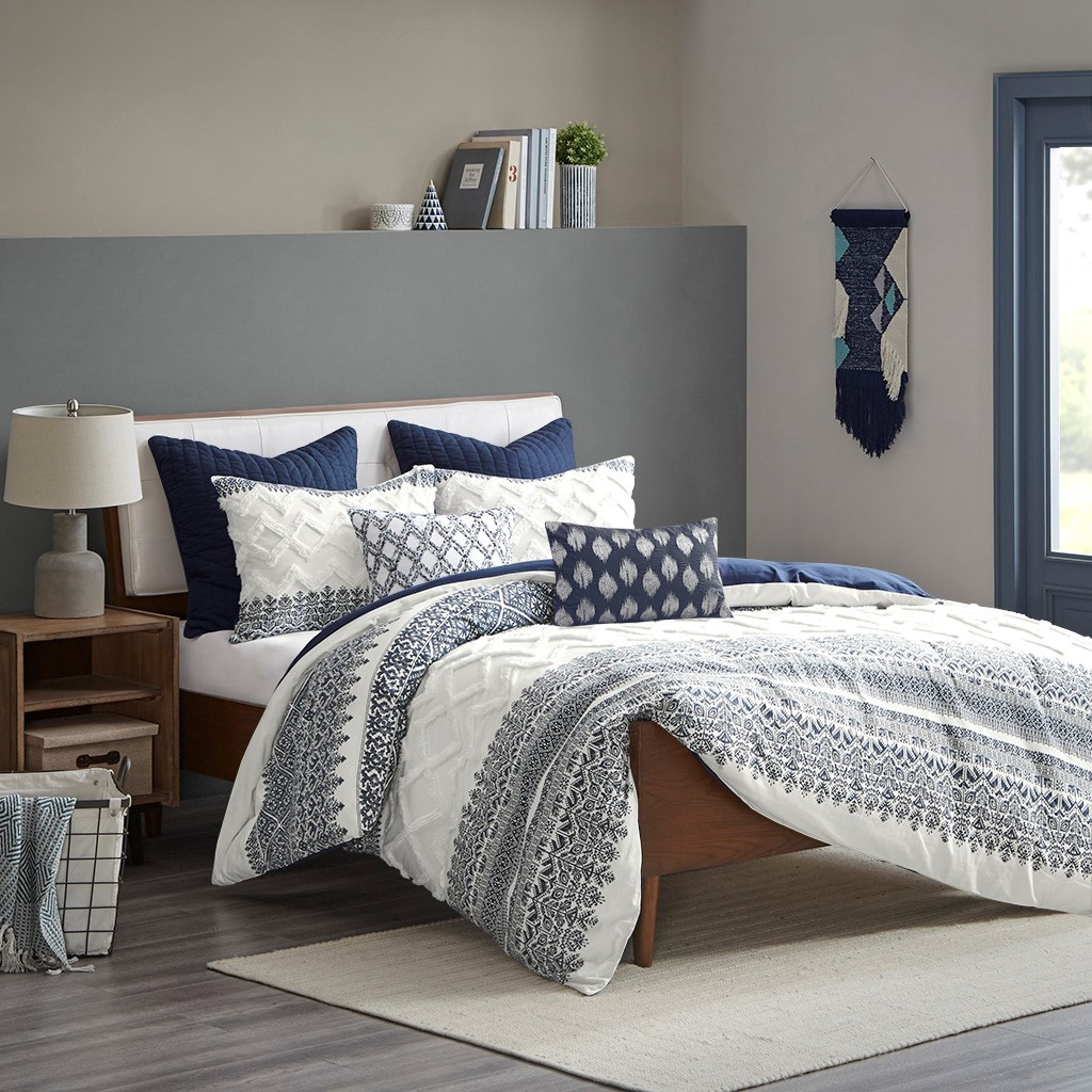 Malibu Boho Navy and White Comforter Set - Queen | Caron's Beach House