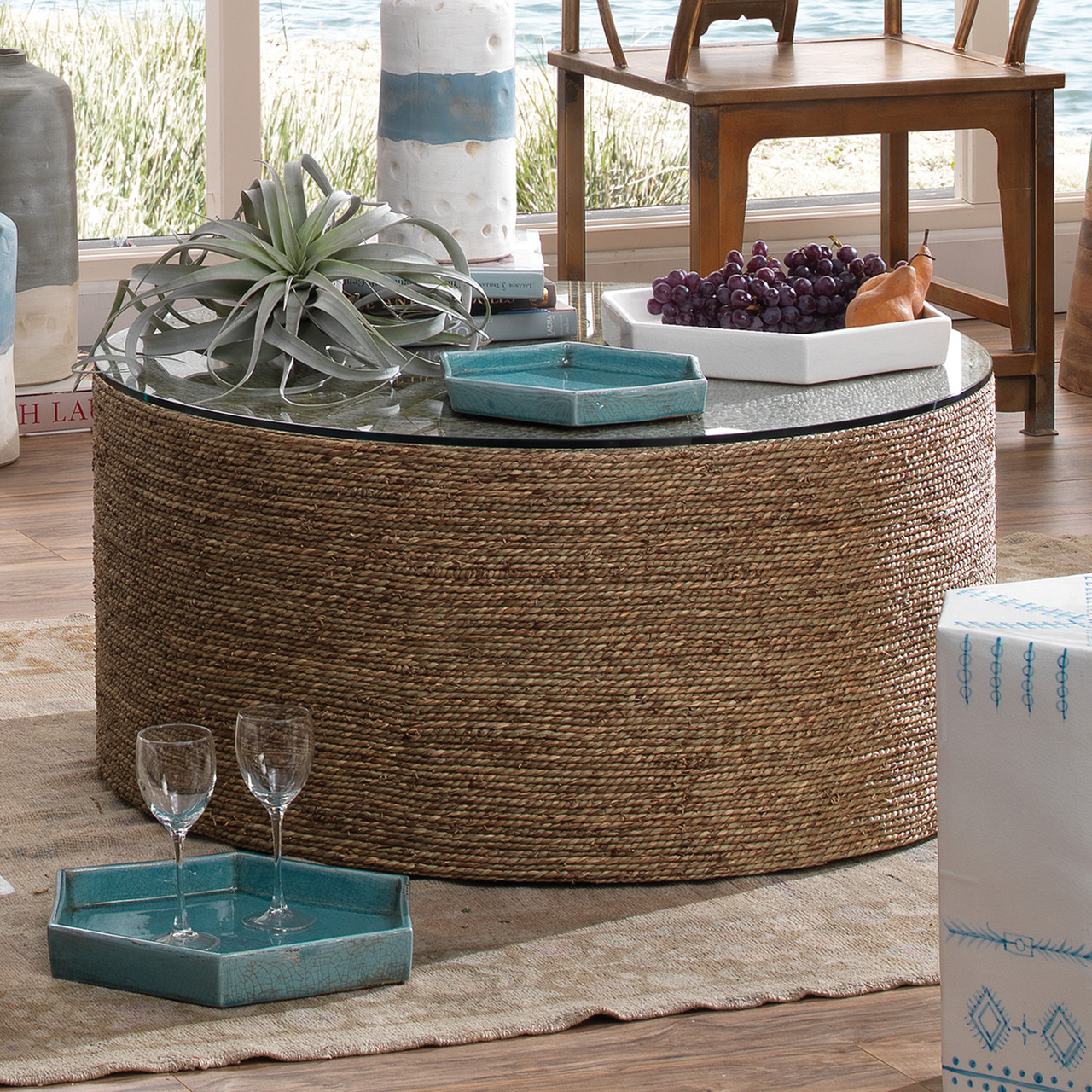 Harbor Round Coffee Table in Natural Seagrass Caron's Beach House