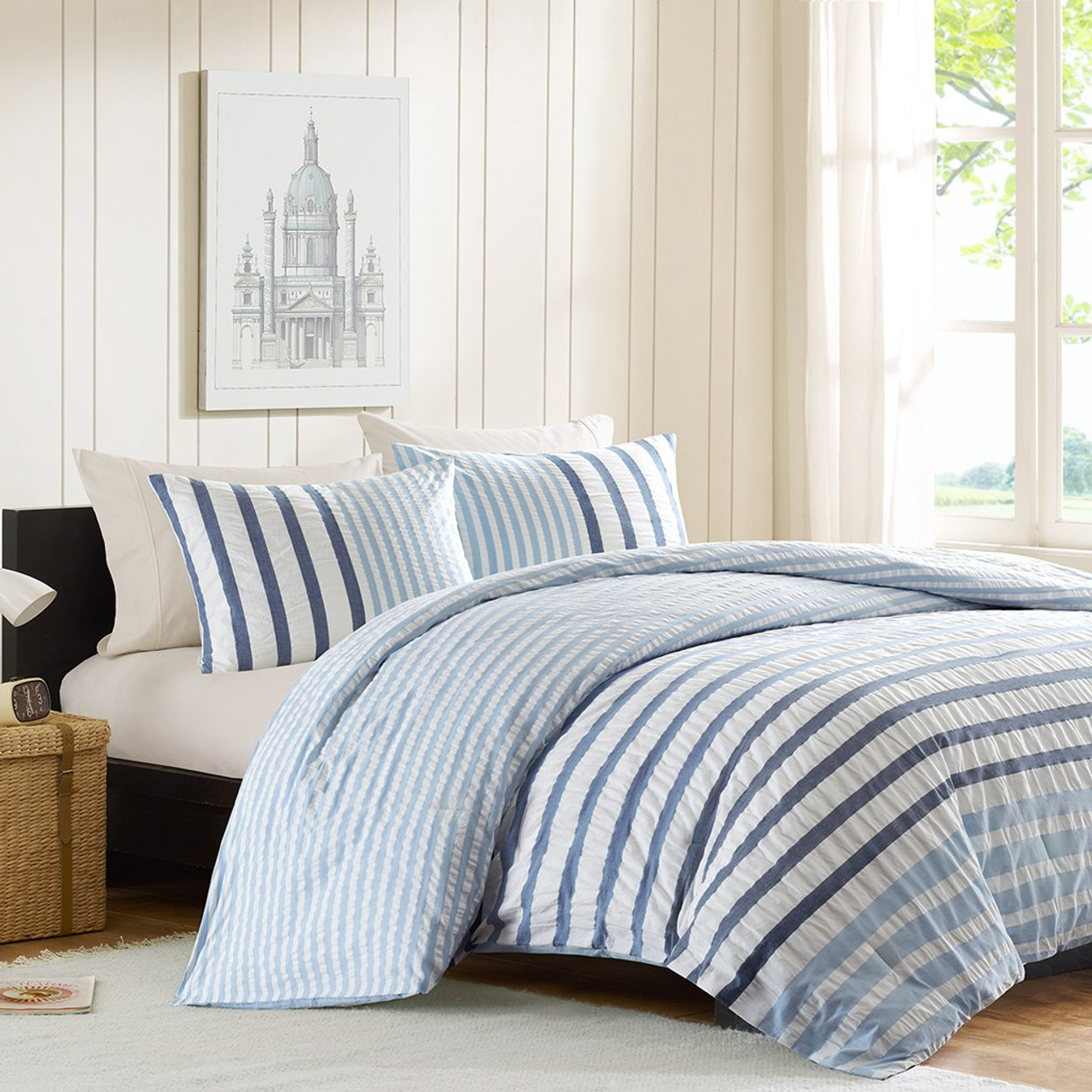 light blue striped bedding