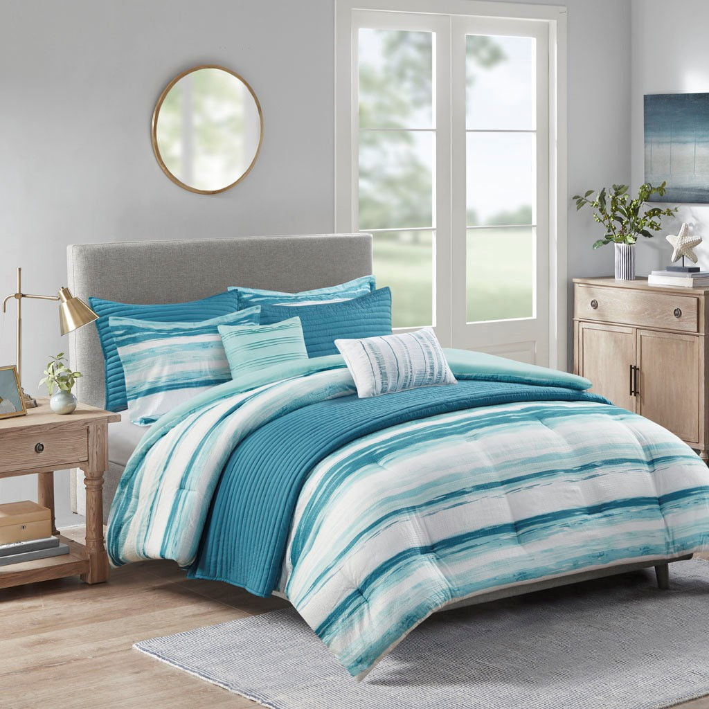 Jupe De Lit Queen Size Waverly – Motif Côtier, Couleurs Verre De Mer (bleu/vert/aqua), Chute 16 Pouces