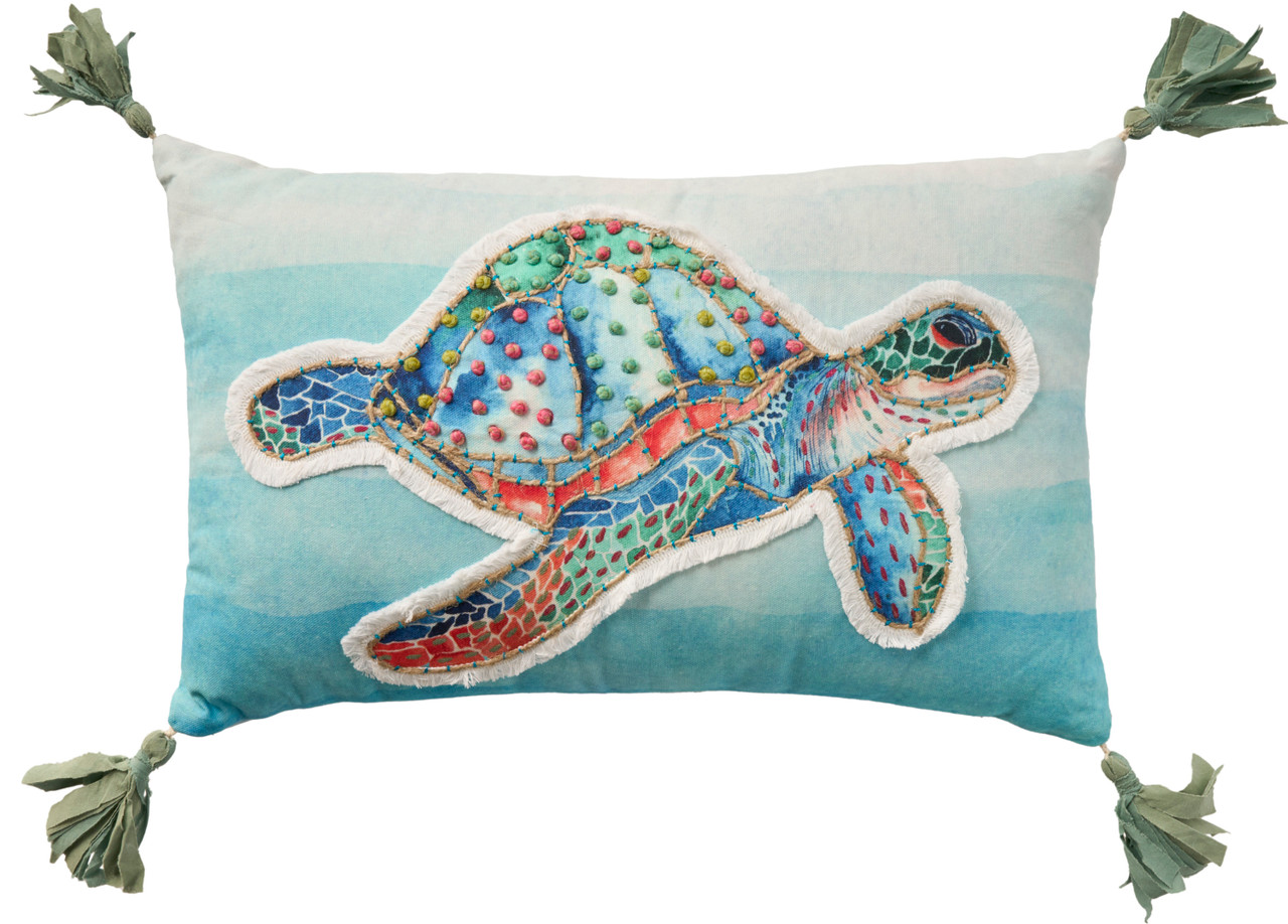 Mina Victory Coastal Embellished Sea Turtle Decorative Pillow
