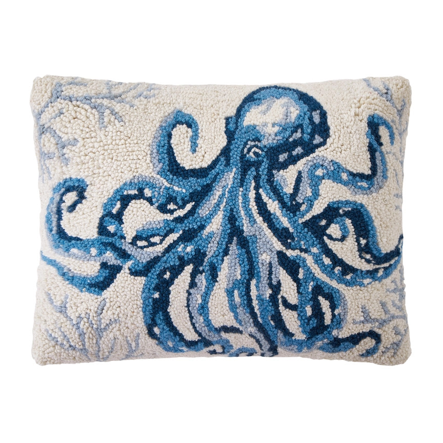 Low Tide Blue Octopus 18 x 18 Wool Hooked Pillow Caron's Beach House