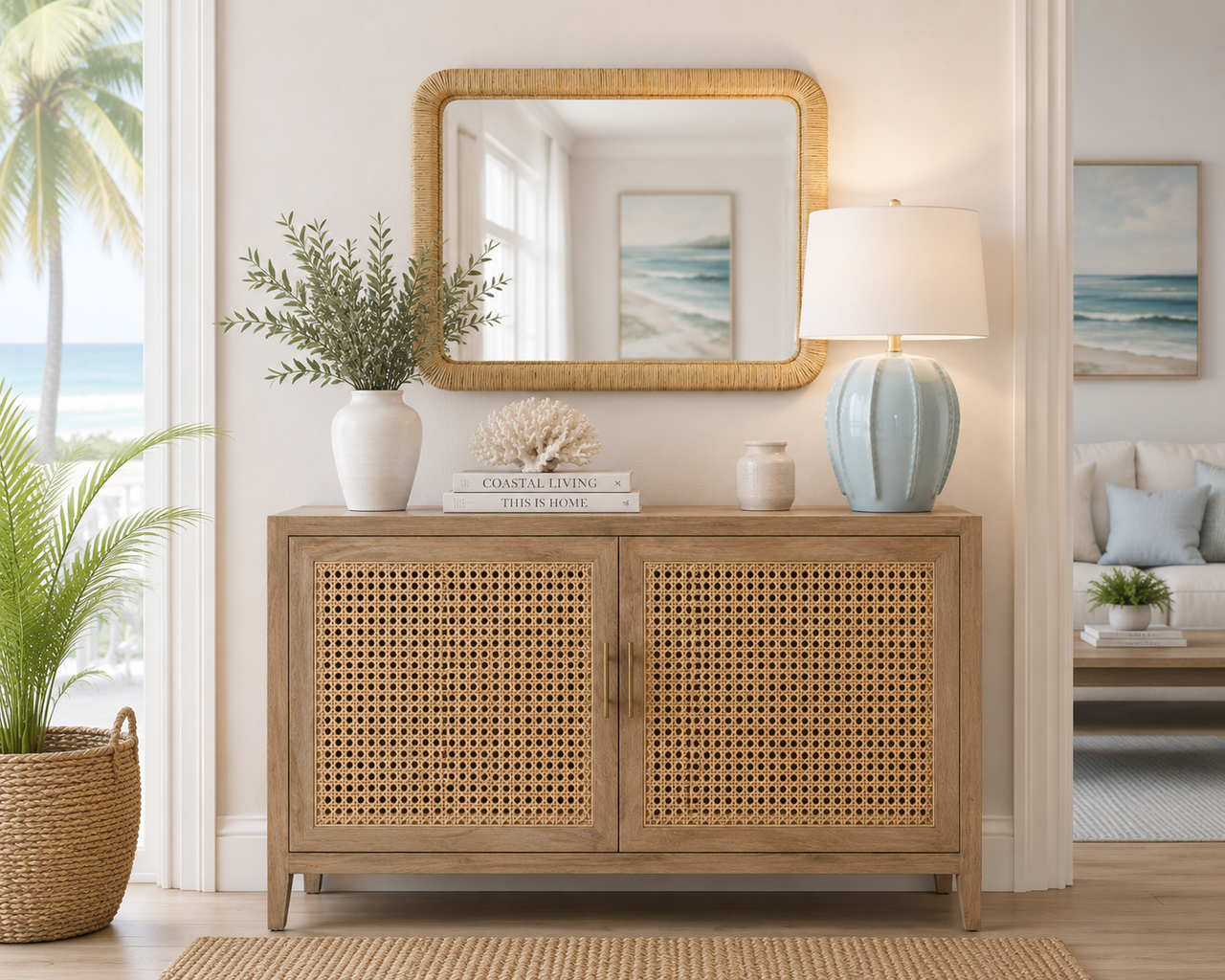 Destin Shores Rectangle Natural Rattan Framed Mirror | Caron's