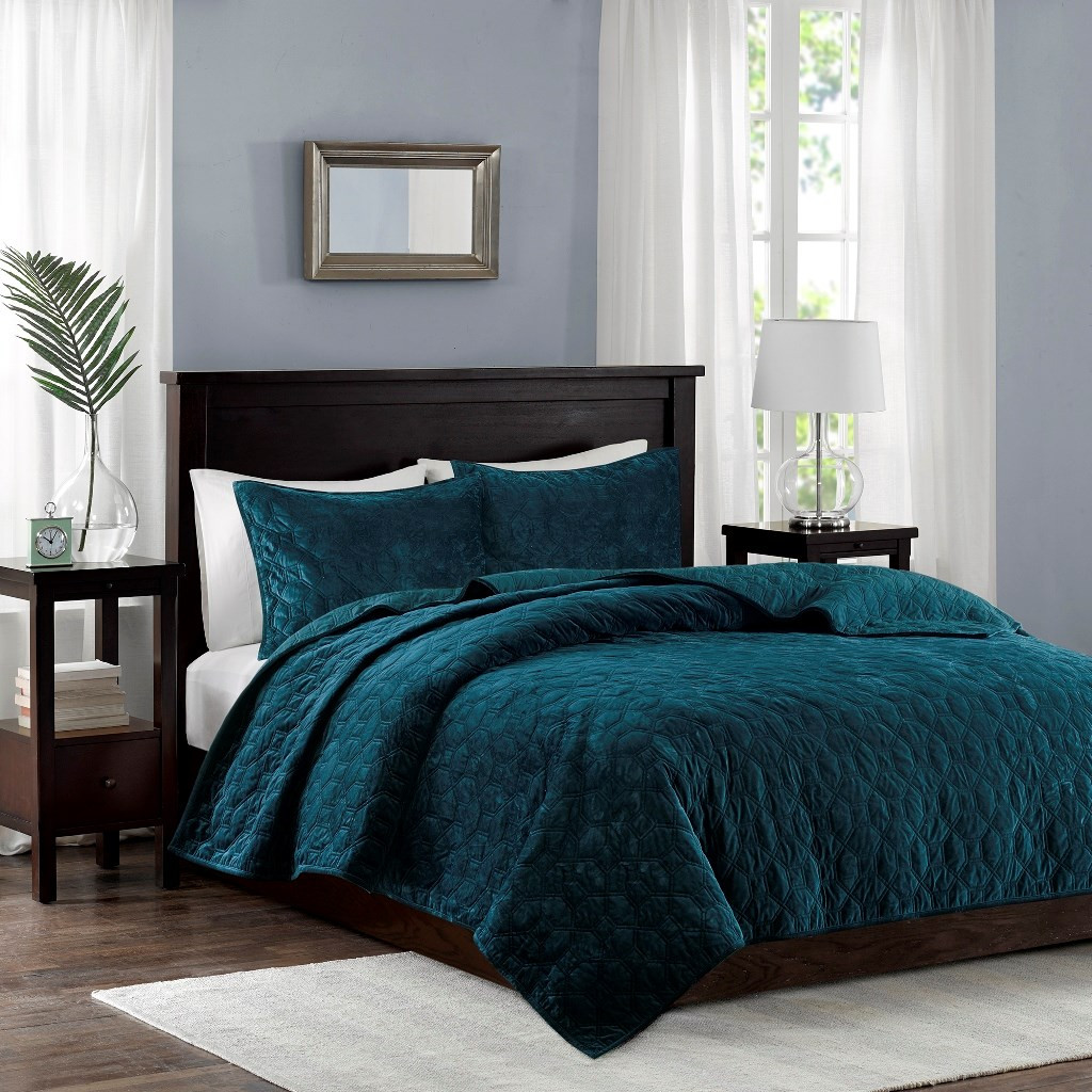 Harper Teal Velvet Coverlet Set - Queen Size | Caron's ...