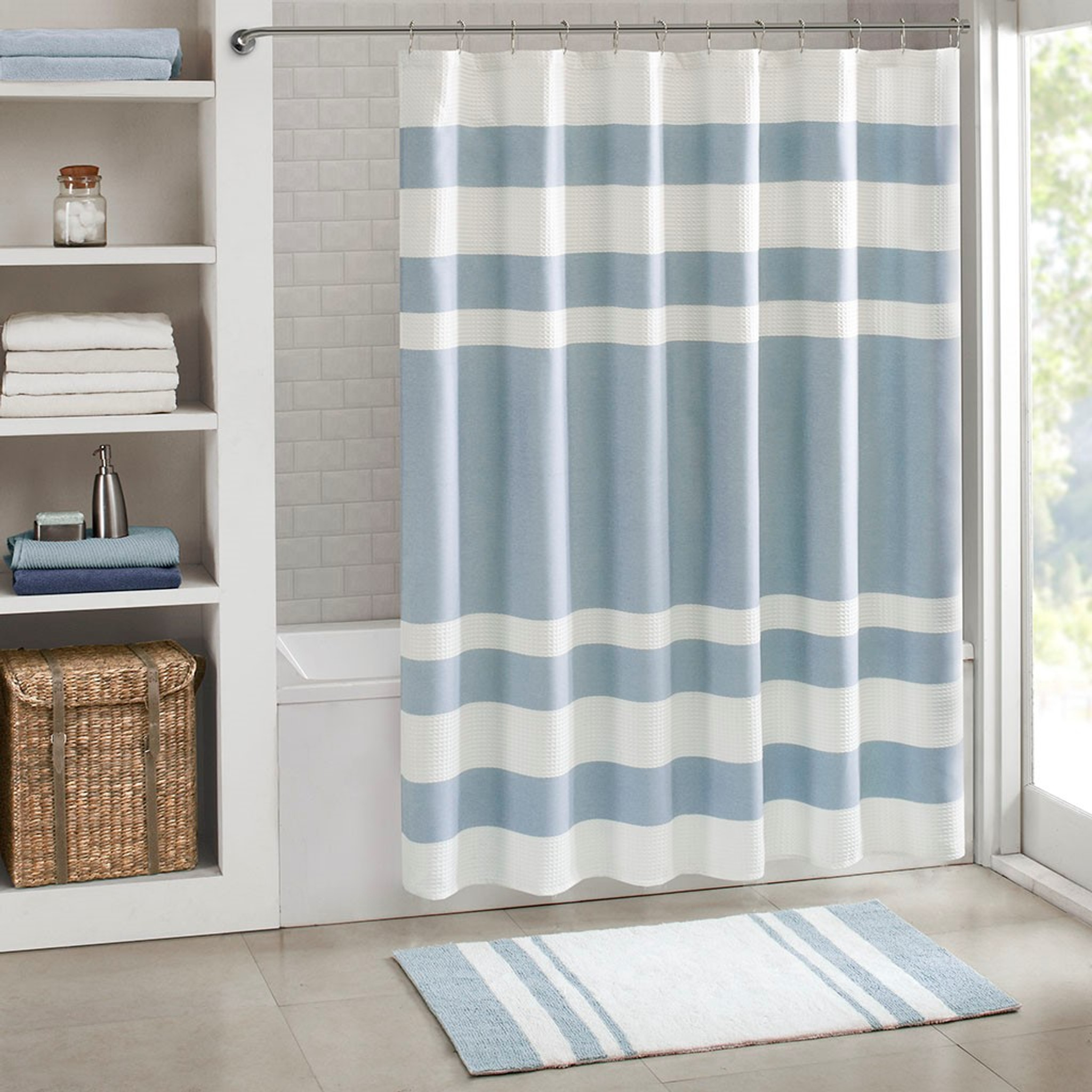 teal striped shower curtain