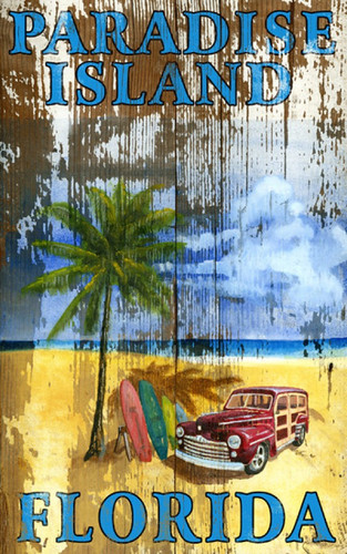 Beach Palms and Woody Surfing Art Sign