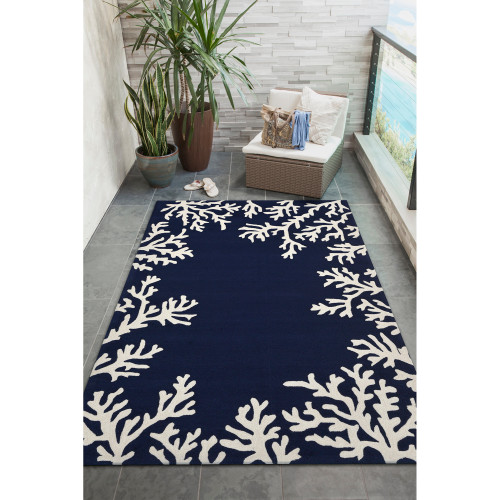 Navy Blue Coral Border Rug lanai view