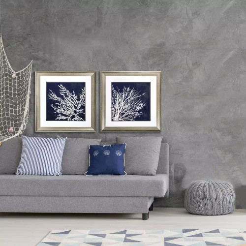 Deep Blue and Silver Coral Framed Prints - set of two on wall