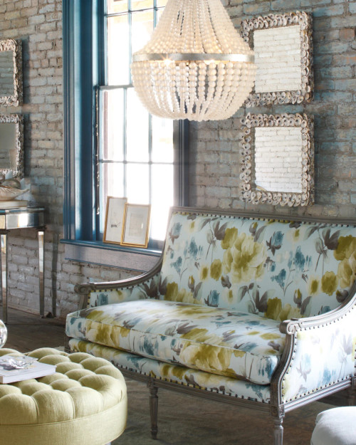 Oyster Shell Cluster Square Mirror in room with beaded chandelier
