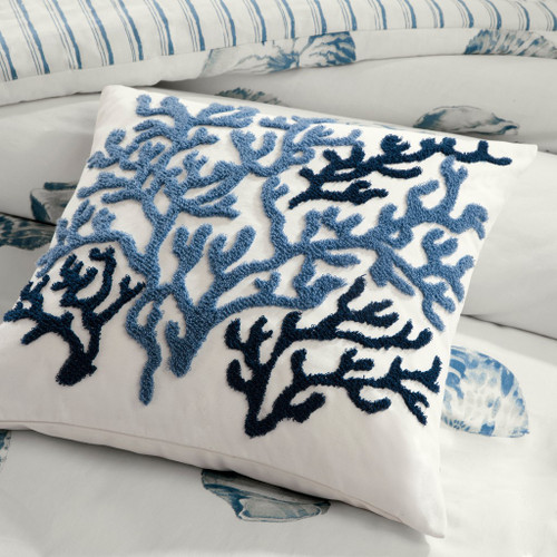 Beach House Blues Coral Embellished Pillow on bed
