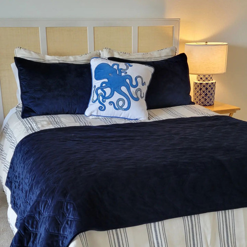 Harper Navy Velvet Coverlet Set with Prescott bedding and octopus pillow