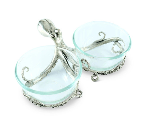 Polished Octopus and Double Glass Condiment Bowls