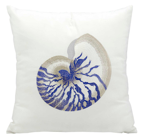 Blue Nautilus Shell Embroidered Throw Pillow