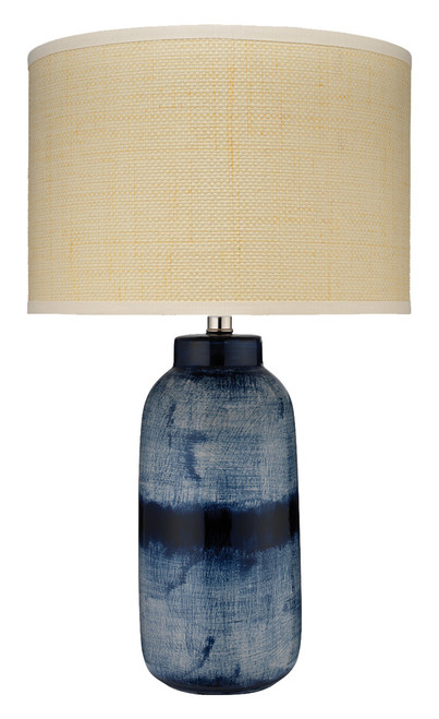 Large Batik Table Lamp in Indigo Ceramic with Raffia Shade