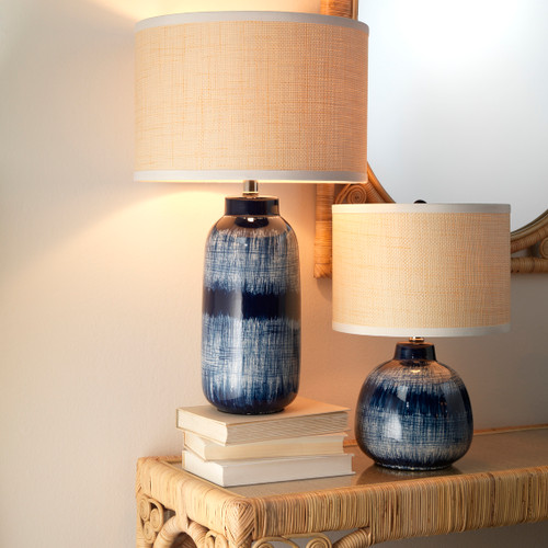 Small Batik Table Lamp in Indigo Ceramic and Raffia Shade shown with larger size