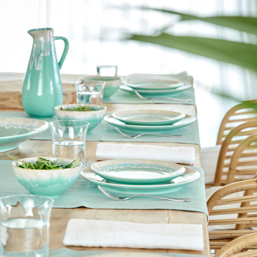 Taormina Aqua Salad Plates table setting with larger plates and pitcher