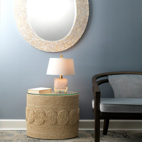 Sea Chic Mother of Pearl Shell Oval Mirror shown with Barbados Side Table