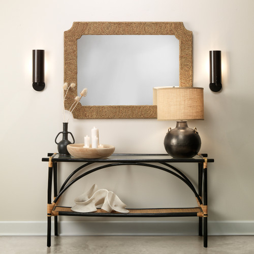 Marina Mirror Wrapped in Natural Seagrass on wall