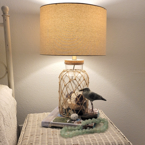 Maritime Rope Net Clear Glass Lamp with shells - light on