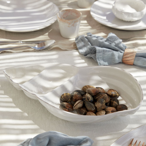 Shell Shaped Aparte Divided Serving Dish on table with clams
