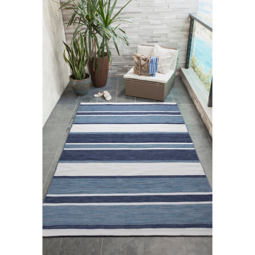 Boat Stripes Navy Blue Rug patio view