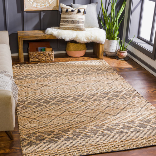Tan and Black Alhambra Woven Jute Rug room view