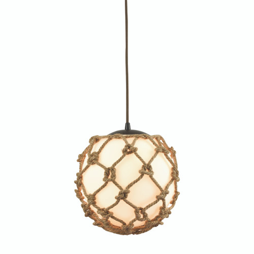 Coastal Inlet 1-Light Mini Pendant in Oiled Bronze with Rope and Opal Glass