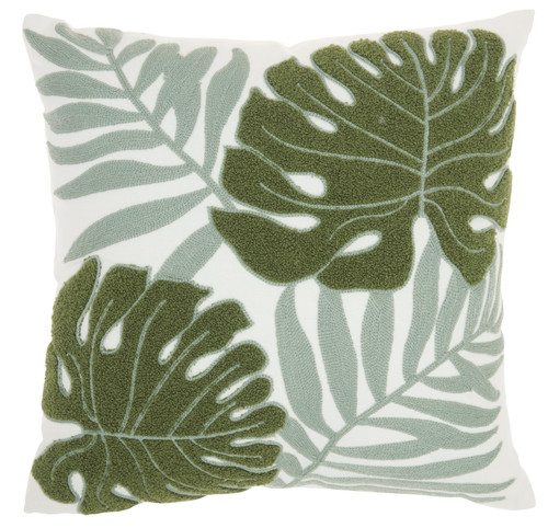 Soft Embroidered Tropical Leaves Green Pillow