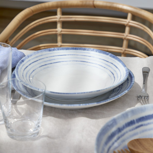 Nantucket White and Blue Striped Pasta Plate on table