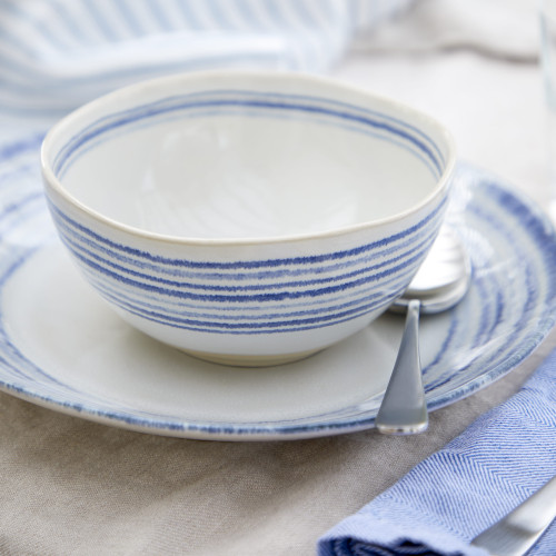 Nantucket White and Blue Striped Soup-Cereal Bowl with dinner plate