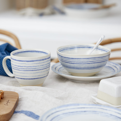 Nantucket White and Blue Striped Mug on table with bowl and salad plate