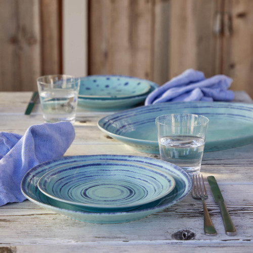 Nantucket Aqua and Blue Striped Oval Platter with salad and dinner plates