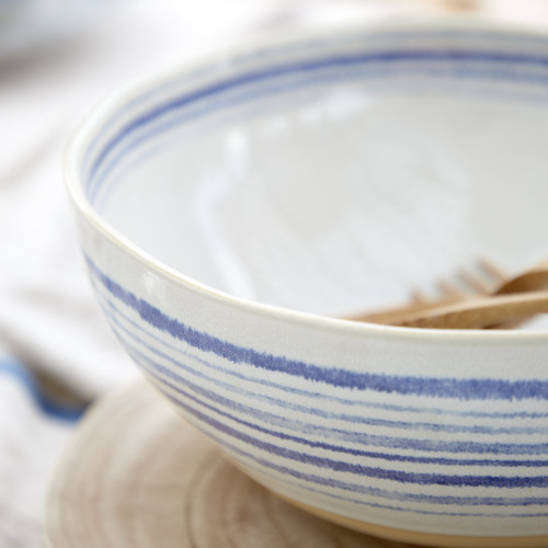 Nantucket White and Blue Striped Serving Bowl close up