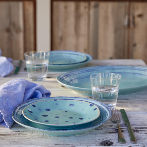 Nantucket Aqua and Blue Polka Dots Salad Plate on table with more pieces